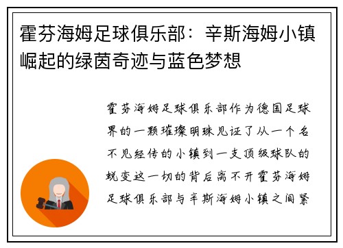霍芬海姆足球俱乐部：辛斯海姆小镇崛起的绿茵奇迹与蓝色梦想