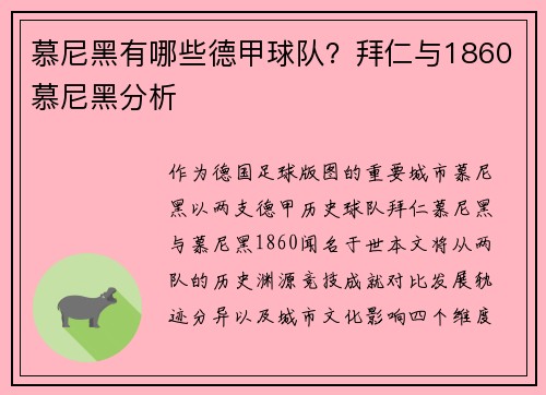 慕尼黑有哪些德甲球队？拜仁与1860慕尼黑分析