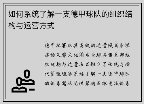 如何系统了解一支德甲球队的组织结构与运营方式