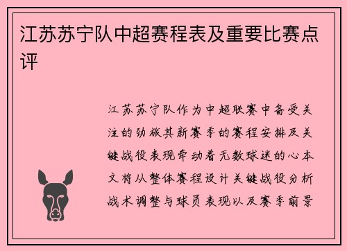 江苏苏宁队中超赛程表及重要比赛点评